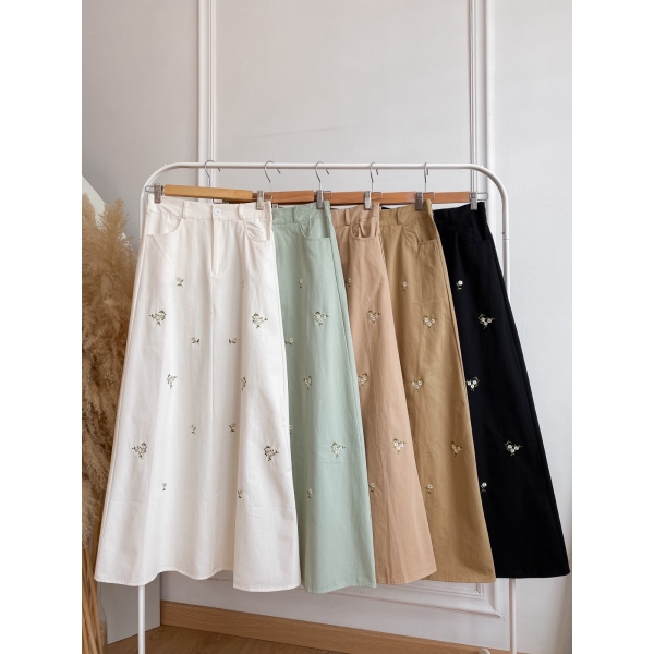 Aubrea Embroidery Skirt - Creme / Mint / Soft Brown / Khaki / Black